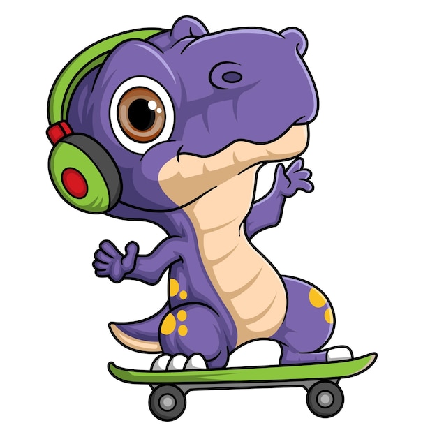 Dibujos animados divertido bebé tiranosaurio dinosaurio jugando patineta