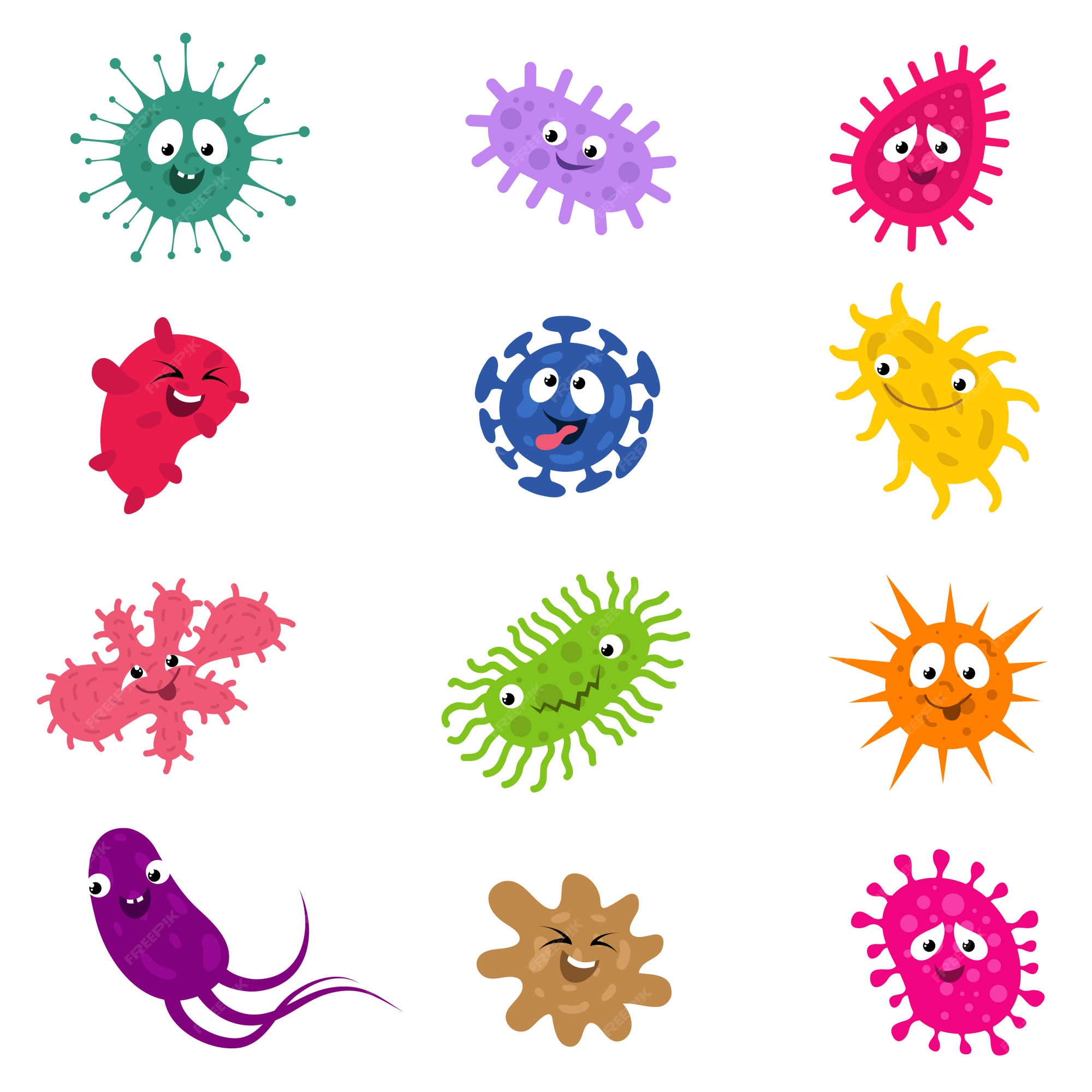 Dibujos animados divertidos bacterias y gérmenes vector personajes | Vector Premium Dibujos animados divertidos bacterias y gérmenes vector personajes | Vector Premium