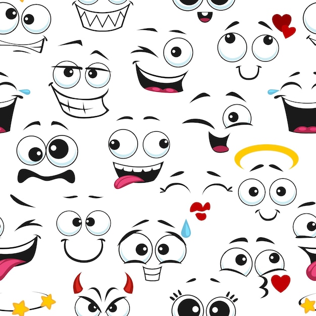 Vector dibujos animados divertidos emoji caras de patrones sin fisuras papel tapiz de fondo divertido textil o impresión vectorial de tela con caras de emoji sonrientes, tontas y parpadeantes, fondo de papel de envolver con expresiones faciales