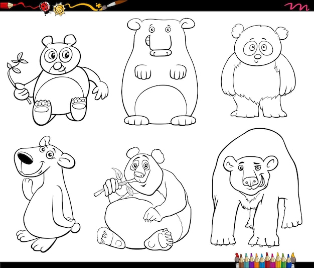 Dibujos animados divertidos osos animales personajes conjunto página para colorear
