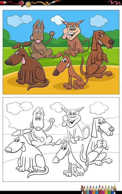 Dibujos animados divertidos perros animales personajes grupo página para colorear