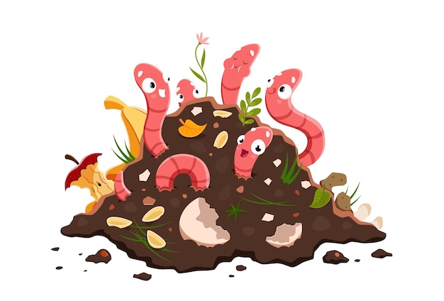Dibujos animados divertidos personajes de lombrices de tierra en humus de suelo de compost Vermicomposting Lombrices de tierra vectoriales aisladas con caras sonrientes sobresalen de la pila con desechos orgánicos Insectos útiles en criaturas de plagas de jardín