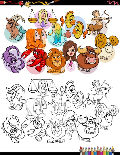 Dibujos animados divertidos signos del zodíaco grupo página de libro para colorear