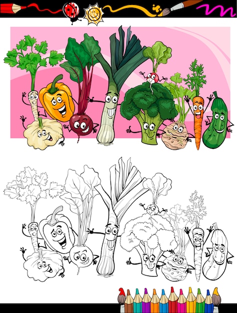 Dibujos animados divertidos vegetales para colorear libro