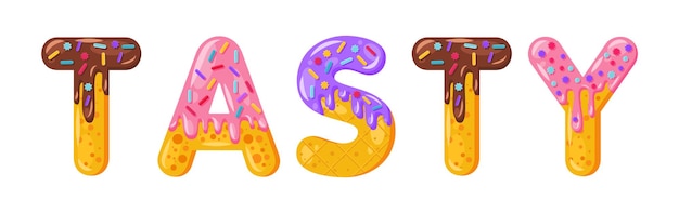 Vector dibujos animados de donut sabroso estilo de fuente en negrita de galleta. mayúsculas vidriadas. tipografía tentadora de diseño plano. galletas, letras de chocolate. fondo blanco. pastelería, panadería, waffle clipart vectorial aislado