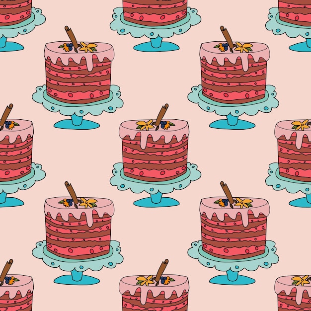 Dibujos animados doodle cumpleaños o pastel de bodas de patrones sin fisuras
