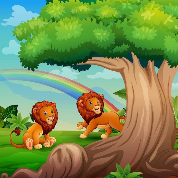 Dibujos animados de dos leones jugando bajo el gran árbol