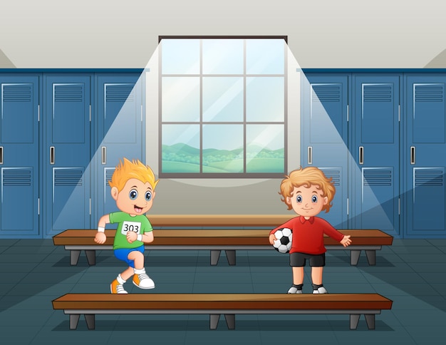 Vector dibujos animados de dos niños preparándose para jugar al fútbol en el vestuario