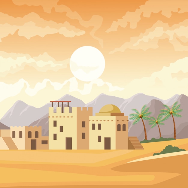 Vector dibujos animados de edificios de la india en el paisaje del desierto