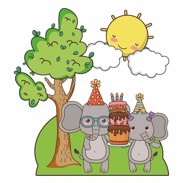 Dibujos animados de elefantes con feliz cumpleaños