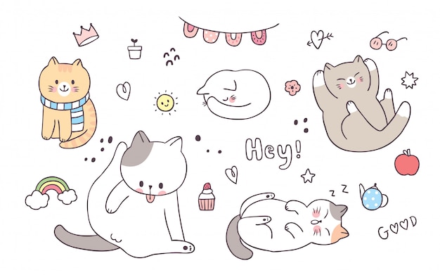 Dibujos animados elementos lindos adorables gatos acciones