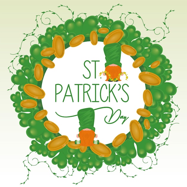 Dibujos animados de elfos irlandeses en una corona de tréboles y monedas de oro tarjeta del día de san patricio vector