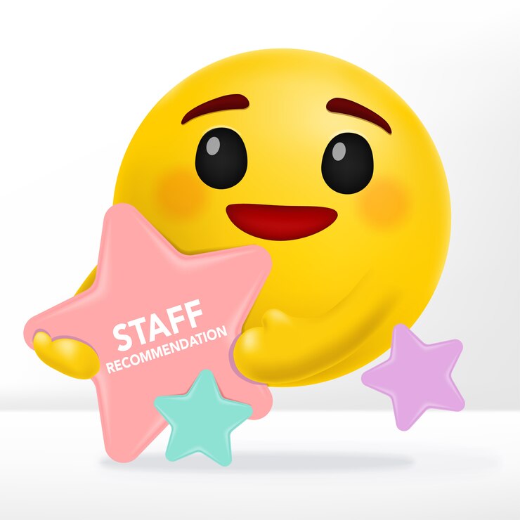 Dibujos animados de emoción con tablero de mensajes en forma de estrella para la venta, recomendación o anuncios de nuevos artículos.