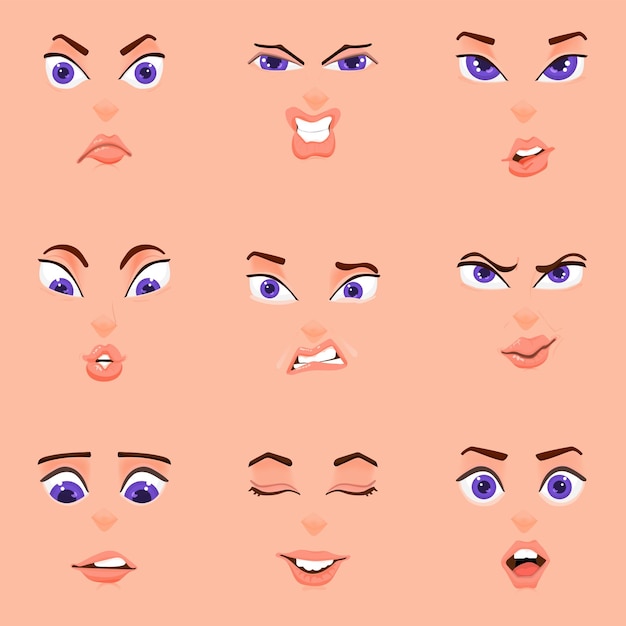 Vector dibujos animados de emociones, estilo plano, rostro femenino, ojos, cejas y boca