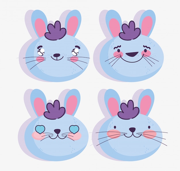 Dibujos animados emojis kawaii enfrenta emoticones de conejo