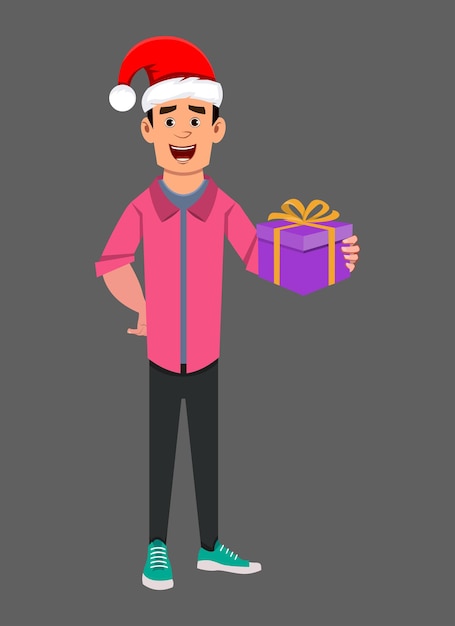 Dibujos animados de empresario con sombrero de Navidad y sosteniendo una caja de regalo