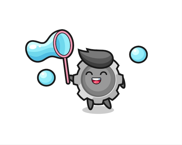 Dibujos animados de engranajes felices jugando pompas de jabón, diseño de estilo lindo para camiseta, pegatina, elemento de logotipo