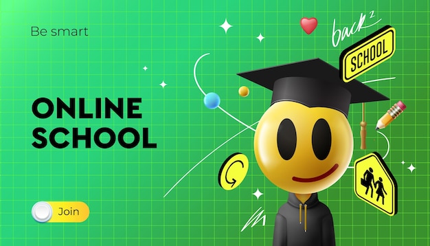 Dibujos animados de la escuela en línea de un niño sonriente con un gorro de graduación y un vector de gorro de graduación negro