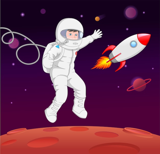 Dibujos animados espacio planeta astronauta pulgar hacia arriba