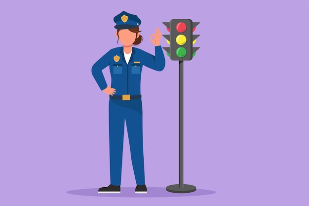 Dibujos animados de estilo plano dibujando a una hermosa mujer policía de pie cerca del semáforo con un gesto correcto y en uniforme completo trabaja para controlar el tráfico de vehículos en la carretera Ilustración de vector de diseño gráfico