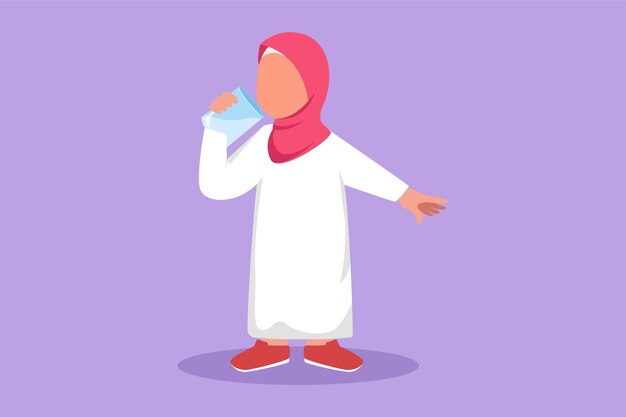 Dibujos animados estilo plano dibujo belleza niña árabe de pie mientras sostiene y disfruta de un vaso de leche fresca para cumplir con su nutrición corporal Salud y crecimiento infantil Diseño gráfico ilustración vectorial