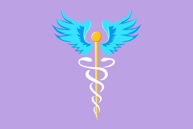 Dibujos animados estilo plano dibujo caduceo logotipo centro médico farmacia hospital con símbolo popular de medicina Icono de atención médica logotipo etiqueta etiqueta tarjeta Diseño gráfico vector ilustración