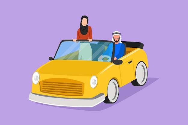 Dibujos animados estilo plano dibujo feliz pareja montando coche yendo de viaje por carretera Hombre y mujer románticos conduciendo en coche descapotable viajando por la ciudad Pareja árabe de vacaciones Diseño gráfico ilustración vectorial