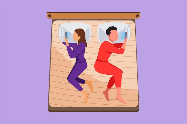 Dibujos animados estilo plano dibujo matrimonio pareja acostada se dan la espalda en la cama usando teléfono inteligente problema de relación de adicción a la red social con tecnología Ilustración de vector de diseño gráfico