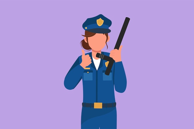 Dibujos animados de estilo plano que dibujan a una mujer policía atractiva que sostiene un bastón de policía con un gesto de pulgar hacia arriba y con el uniforme completo listo para hacer cumplir la disciplina de tráfico en la carretera Ilustración de vector de diseño gráfico