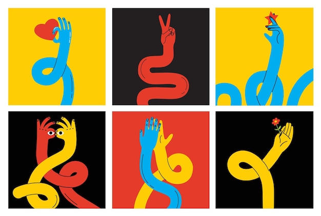 Dibujos animados estirados manos largas flexibles abstractas dibujadas ilustraciones vectoriales cómicas Conjunto de manos multicolores diferentes signos y símbolos Estilo de dibujo calcomanías Retro conjunto Y2K