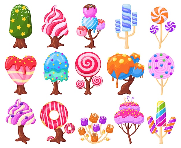 Dibujos animados fantasía dulce tierra caramelo árboles de caramelo. naturaleza de fantasía, diseño de juegos, dulces dulces, elementos de paisaje, conjunto de ilustraciones vectoriales. árboles de caramelo, helado y malvavisco