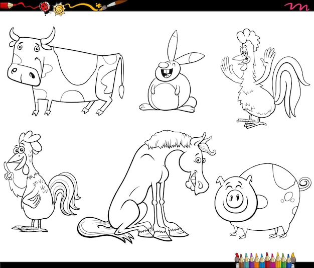 dibujos animados felices animales de la granja personajes de juego página de colorear