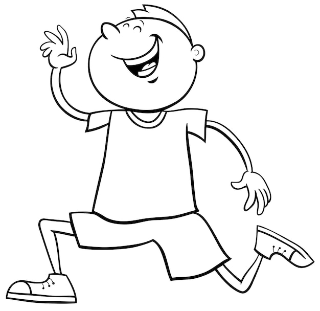 dibujos animados felices edad primaria o niño adolescente corriendo página de colorear