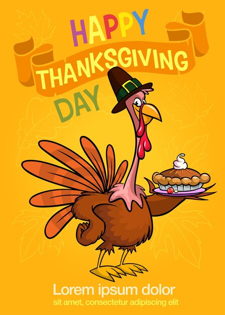 Dibujos animados feliz lindo de acción de gracias pavo pavo sosteniendo un pastel en la bandeja ilustración vectorial diseño para el día de acción de gracias