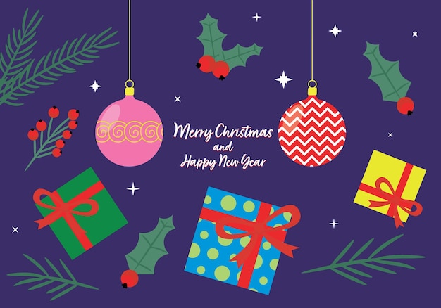Dibujos animados feliz navidad y feliz año nuevo banner con regalos juguetes estrellas ramas y bayas de acebo