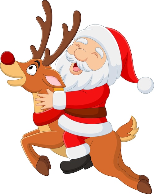 Dibujos animados feliz santa claus montando un ciervo