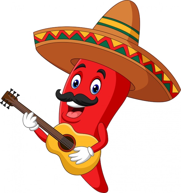 Vector dibujos animados feliz sombrero chile pimiento tocando una guitarra