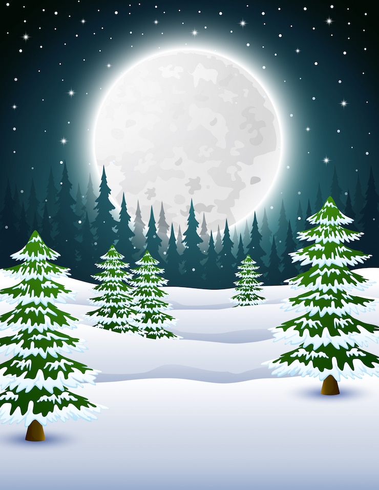 Vector dibujos animados de fondo de noche de invierno con pinos en la noche