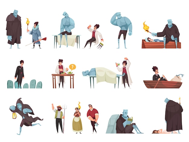 Dibujos animados de Frankenstein ambientados con un médico y un monstruo que cobra vida en diferentes situaciones aisladas contra la ilustración vectorial de fondo blanco