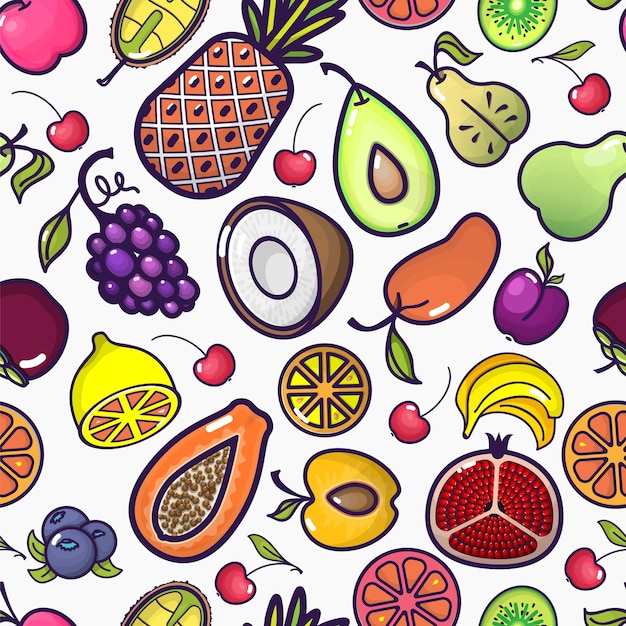 Dibujos animados de frutas y bayas de patrones sin fisuras frutas coloridas