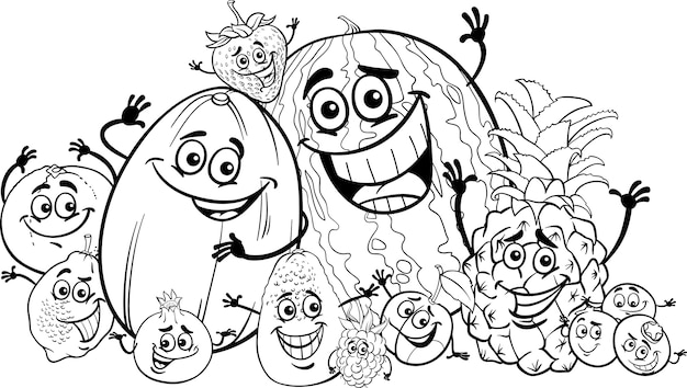 Dibujos animados de frutas divertidas para colorear libro