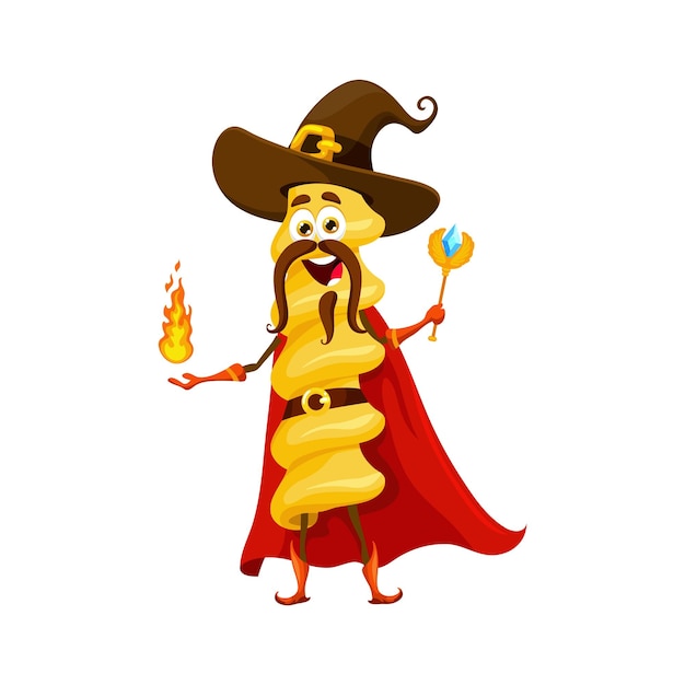 Dibujos animados fusilli Halloween pasta mago y bruja hechicero y mago personaje Personaje de fideos caprichoso vectorial aislado con un sombrero alto y una varita mágica evocando con una pizca de encanto