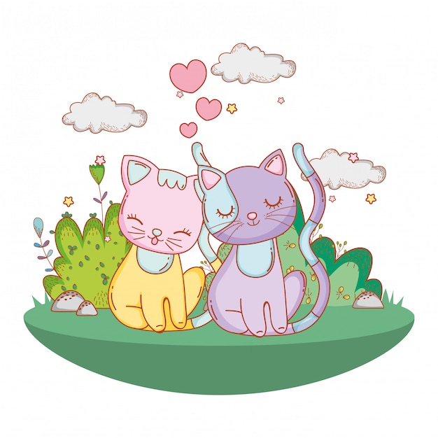 Dibujos animados de gatitos enamorados al aire libre