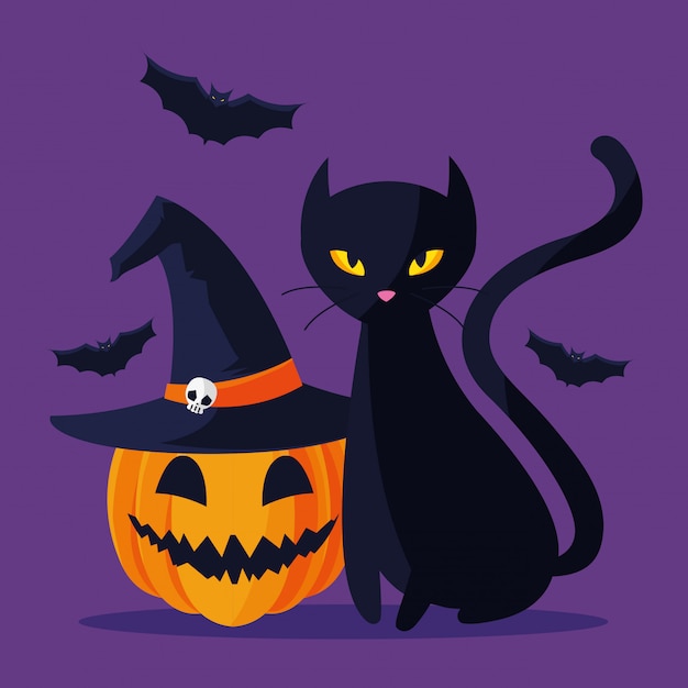 Dibujos animados de gato y calabaza de halloween