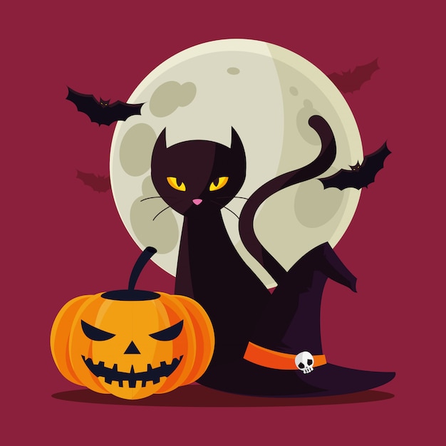 Vector dibujos animados de gato y calabaza de halloween