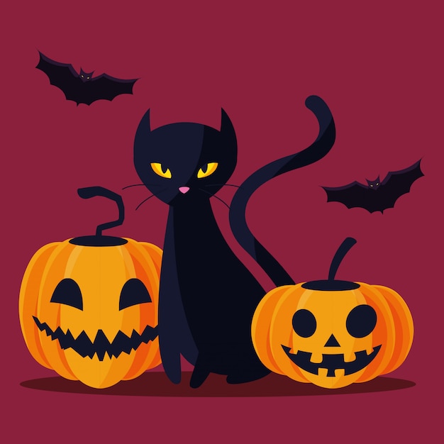 Dibujos animados de gato y calabazas de Halloween