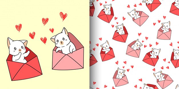 Dibujos animados de gato kawaii de patrones sin fisuras dentro de una carta de amor