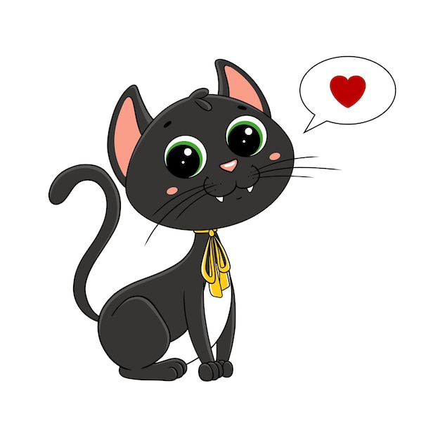 Dibujos animados de gato negro con una cinta amarilla Lindo personaje de gato bruja para Halloween Una mascota Gato esponjoso