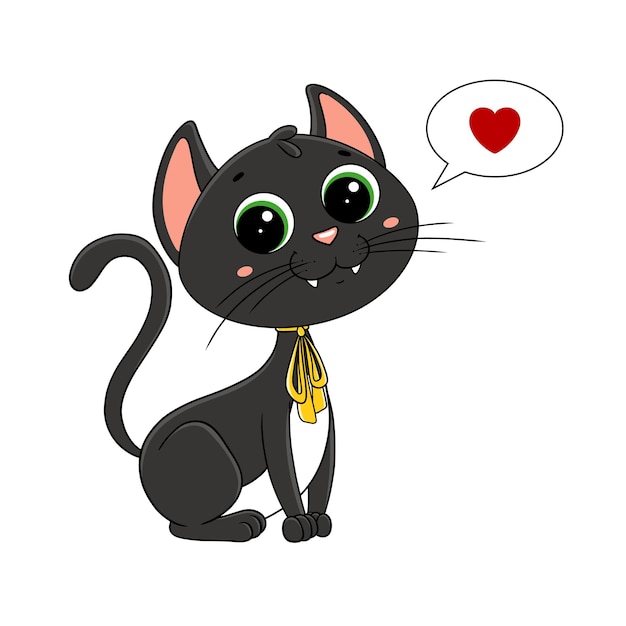 Dibujos animados de gato negro con una cinta amarilla lindo personaje de gato bruja para halloween una mascota gato esponjoso