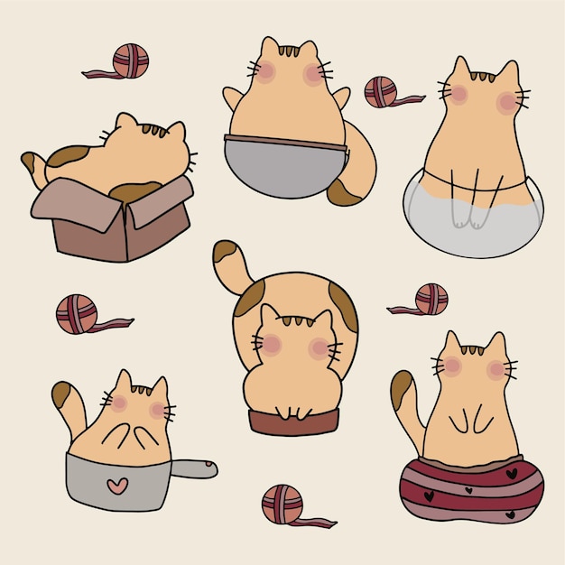 Dibujos animados de gatos lindos juguetones Gatitos esponjosos en diferentes estilos de sentarse